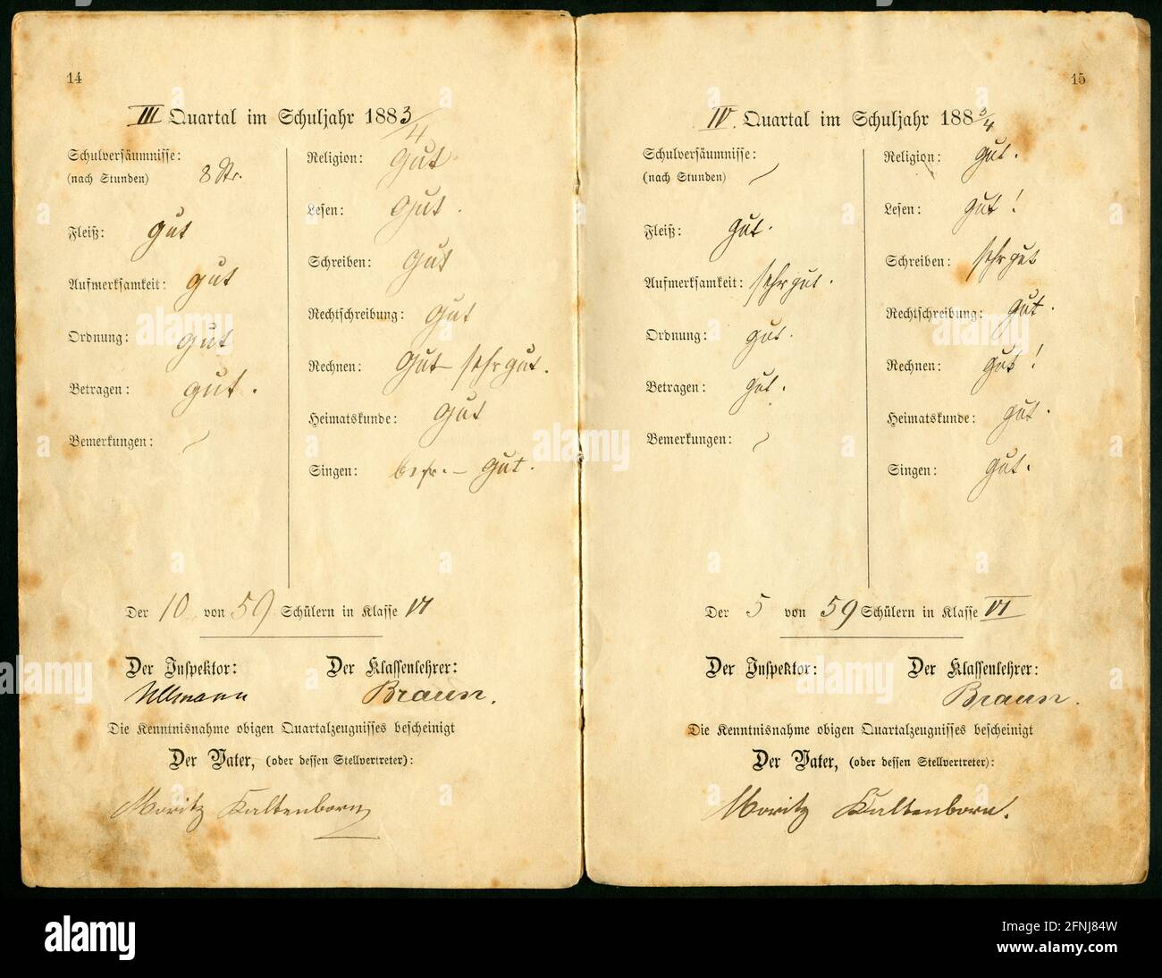 Europa, Deutschland, Hessen, Kassel, Zensurbuch der Bürgerschule, begonnen wurde das Buch am 26. September 1881 , hier wird das 3. Und 4. Quartal 1883 und 1883 - 1884 zeigt, stockfleckiger Erhaltungszustand . / Europa, Deutschland, Hessen, Kassel, Urkunde der Bürgerschule`s, begann 26. 09. 1881 , drittes und viertes Quartal , 1883 und 1883 - 1884 , schimmelig Zustand . Stockfoto
